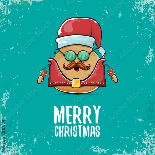 vector rock star santa potato funny cartoon cute character with with red santa hat and calligraphic merry christmas text isolated on azure background. rock n roll christmas party poster