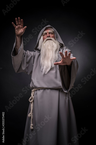 Portrait of a manly and brutal, majestic, old man, sorcerer, wizard with gray hair and a beard with a mustache, in gray clothes, a canopy and tunic