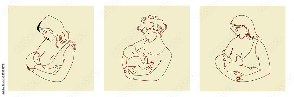 Set of young nursing women in the Doodle style. A mother holds a child in her arms. The concept of natural feeding. Maternal love. Vector colorful illustration isolated on a white background. Set of young nursing women in the Doodle style. A mother holds a child in her arms. The concept of natural feeding. Maternal love. Vector colorful illustration isolated on a white background.