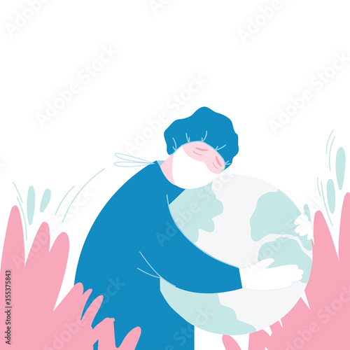 Doctor a masked man or woman embraces a planet on an isolated white background. A young medical worker in uniform takes care of people's health. Vector colorful flat illustration in cartoon style.