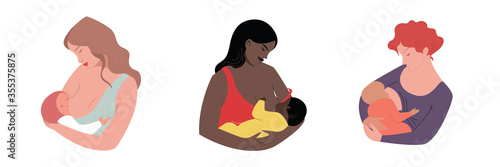 Set of a young cartoon woman breastfeeding a baby. A mother holds a child in her arms. The concept of natural feeding. Maternal love. Vector colorful illustration isolated on a white background.