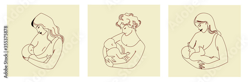 Set of young nursing women in the Doodle style. A mother holds a child in her arms. The concept of natural feeding. Maternal love. Vector colorful illustration isolated on a white background.