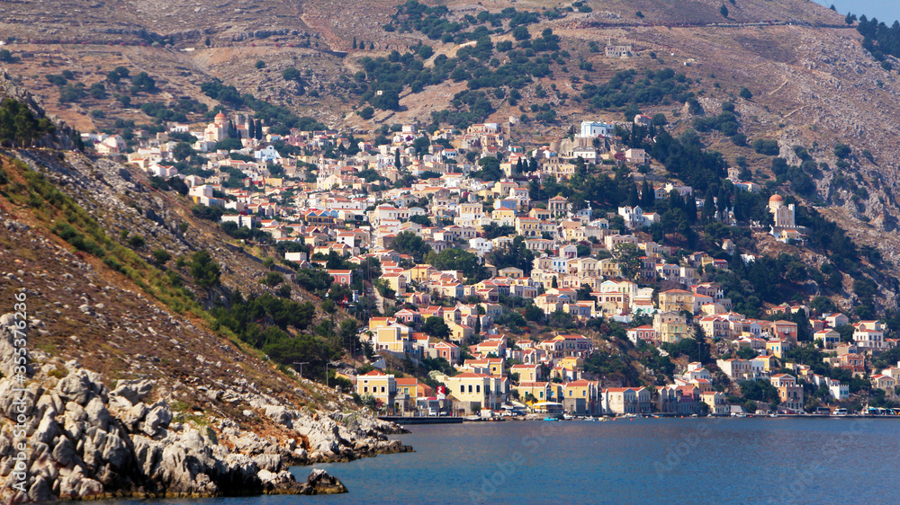 Symi town view from the sea, Symi island, the Aegean Sea, Greece