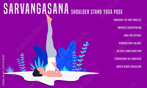 Sarvangasana or Shoulder stand yoga pose. Yoga Fitness Concept. Illustration Of Woman doing yoga.
