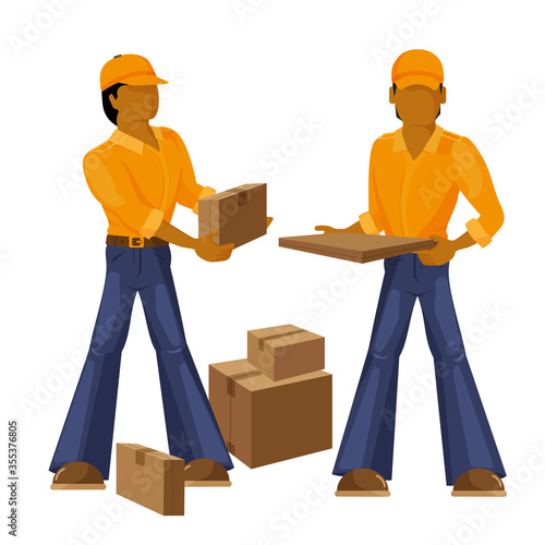 A man in a yellow shirt and cap, delivers a product to the house in a box. The courier brings the box. Vector image on a white background, isolated.