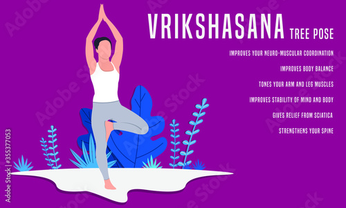 Vrikshasana or Tree Pose. Yoga Fitness Concept. Illustration Of Woman doing yoga. 