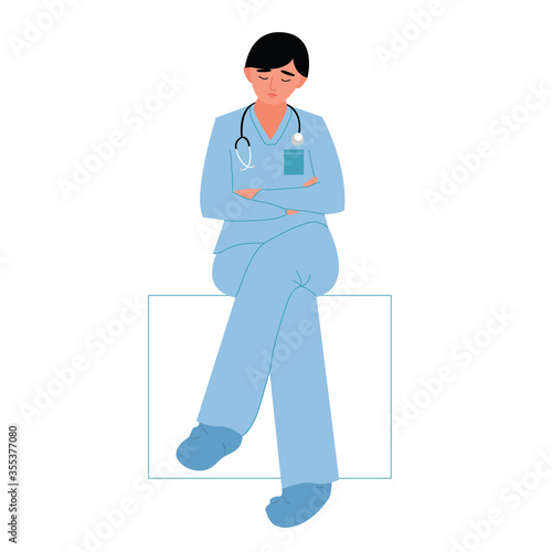 Sad doctor man or woman after work resting. A tired medical worker in uniform. Vector flat illustration in cartoon style on an isolated white background. The concept of health care.
