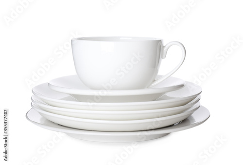 Stack of ceramic tableware isolated on white