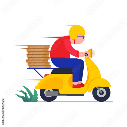 Delivery, the guy on the moped is carrying pizza. Characters. Flat design vector illustration. © Vipin