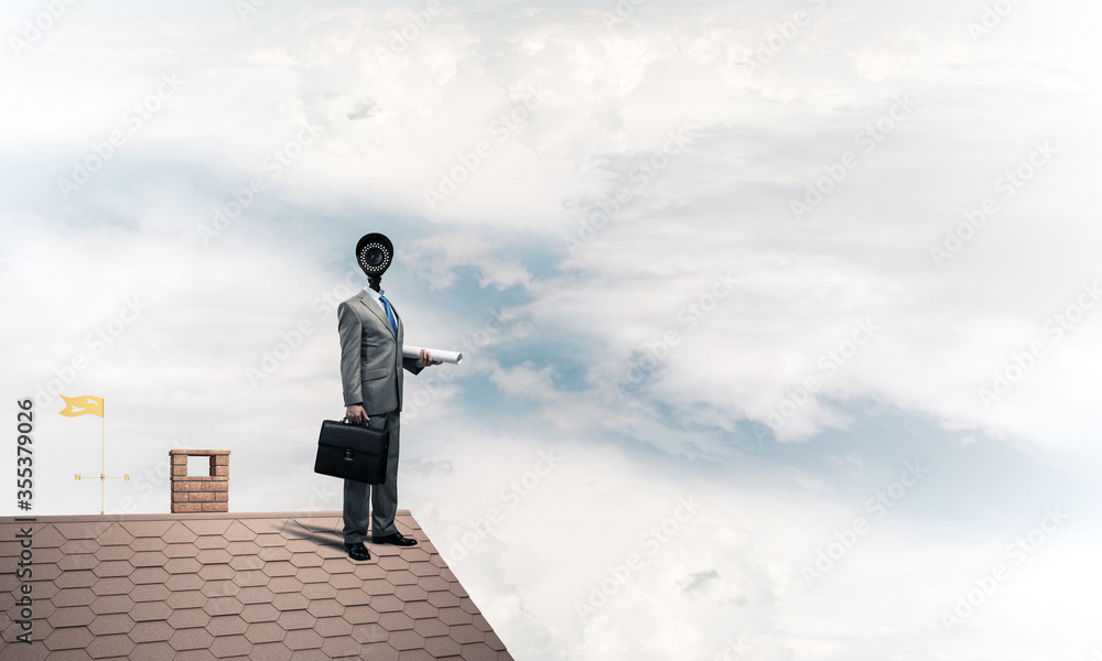 Concept of home security and privacy protection with camera headed man Concept of home security and privacy protection with camera headed man
