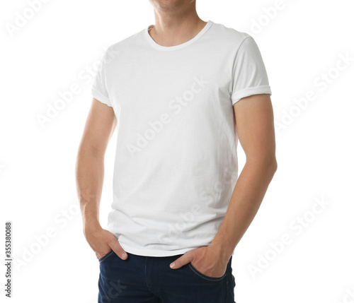 Man in t-shirt on white background, closeup. Space for design
