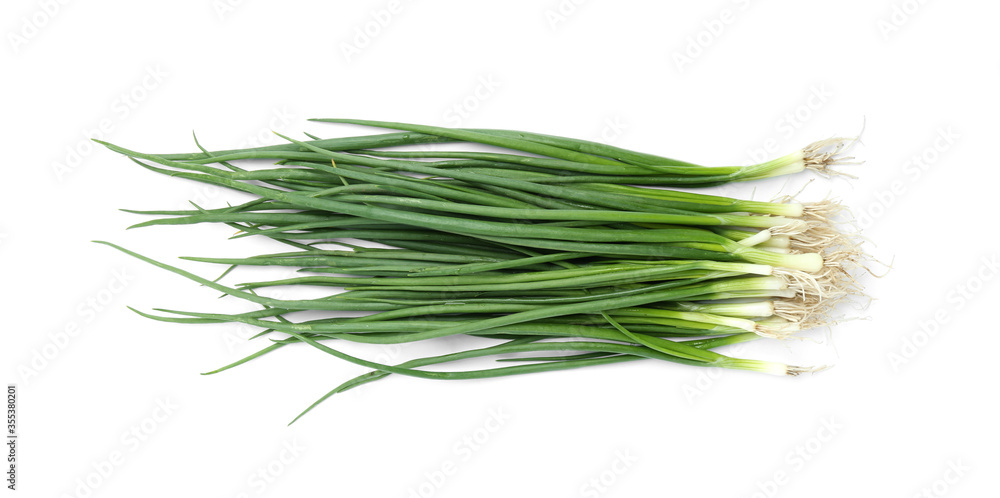 Fresh green spring onions isolated on white, top view Fresh green spring onions isolated on white, top view