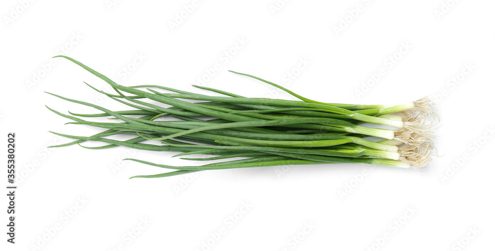 Fresh green spring onions isolated on white, top view Fresh green spring onions isolated on white, top view