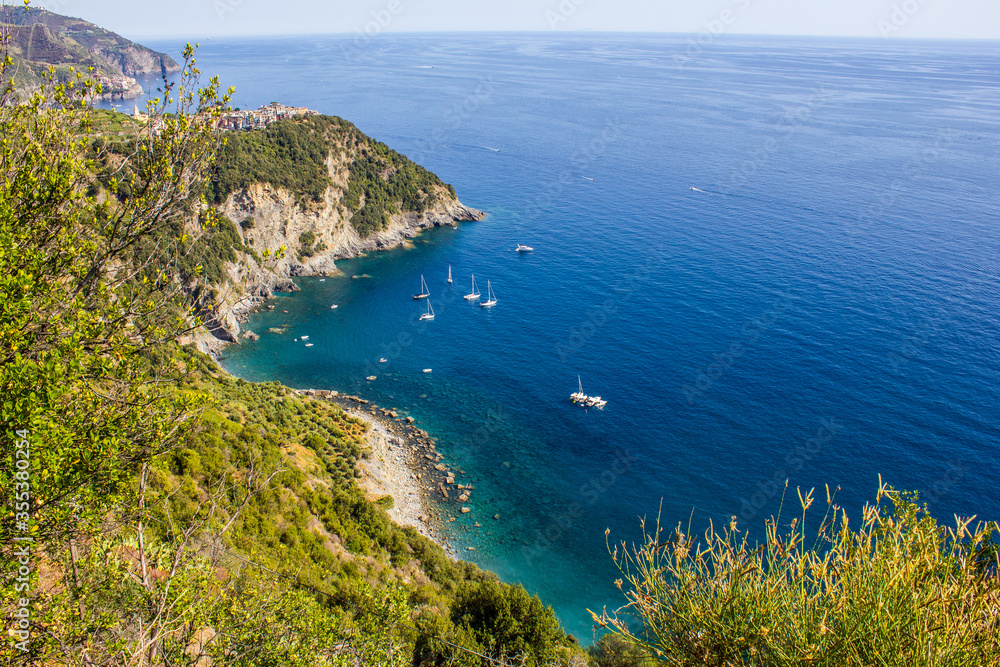 View of Boats at Mediterranean Sea on a Sunny Day, Cinque Terre View of Boats at Mediterranean Sea on a Sunny Day, Cinque Terre