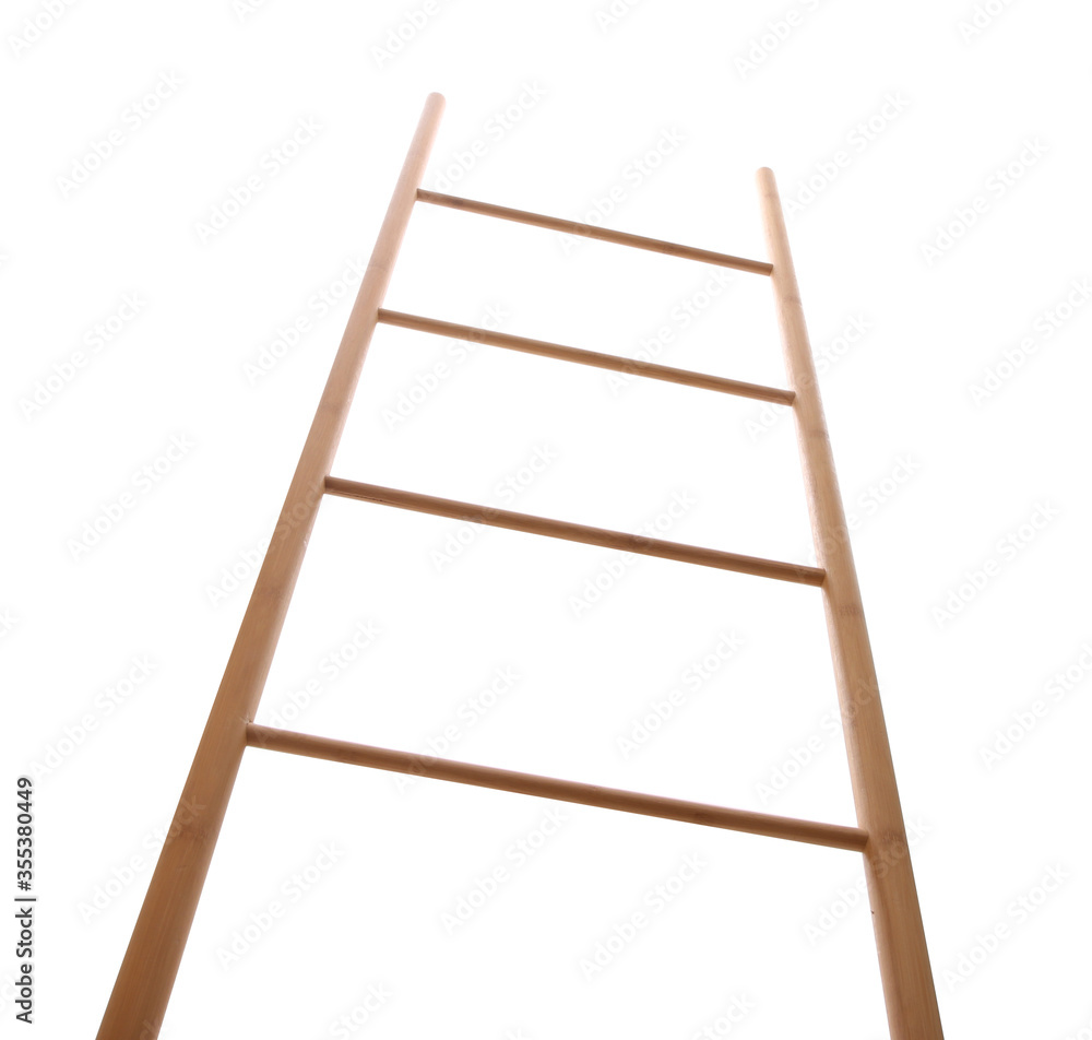 Modern wooden ladder isolated on white, low angle view Modern wooden ladder isolated on white, low angle view