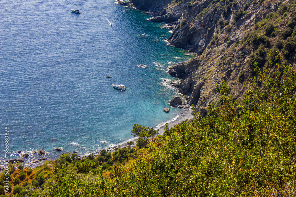 View of Boats at Mediterranean Sea on a Sunny Day, Cinque Terre