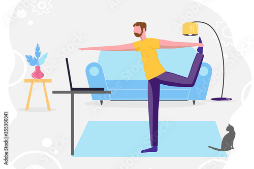 Stay a home. A man practicing yoga at home with a tv lesson. Concept of online education, practicing yoga, live stream. Home activity vector illustration. For web banner, poster, social media
