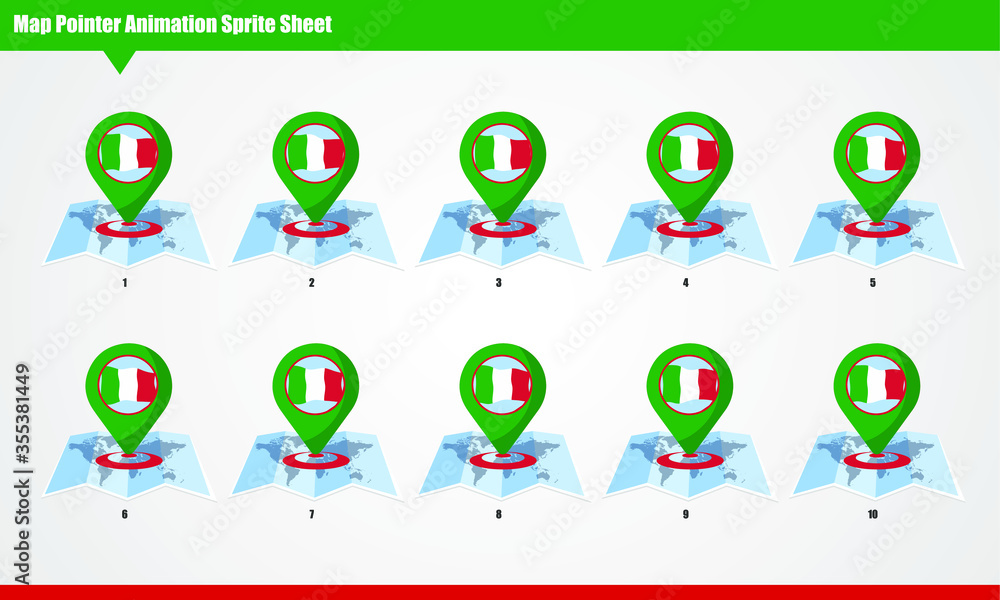 Italy Map marker with animated flag Sprite Sheet. Smooth waving animation sprites on white background. Italy Map marker with animated flag Sprite Sheet. Smooth waving animation sprites on white background.