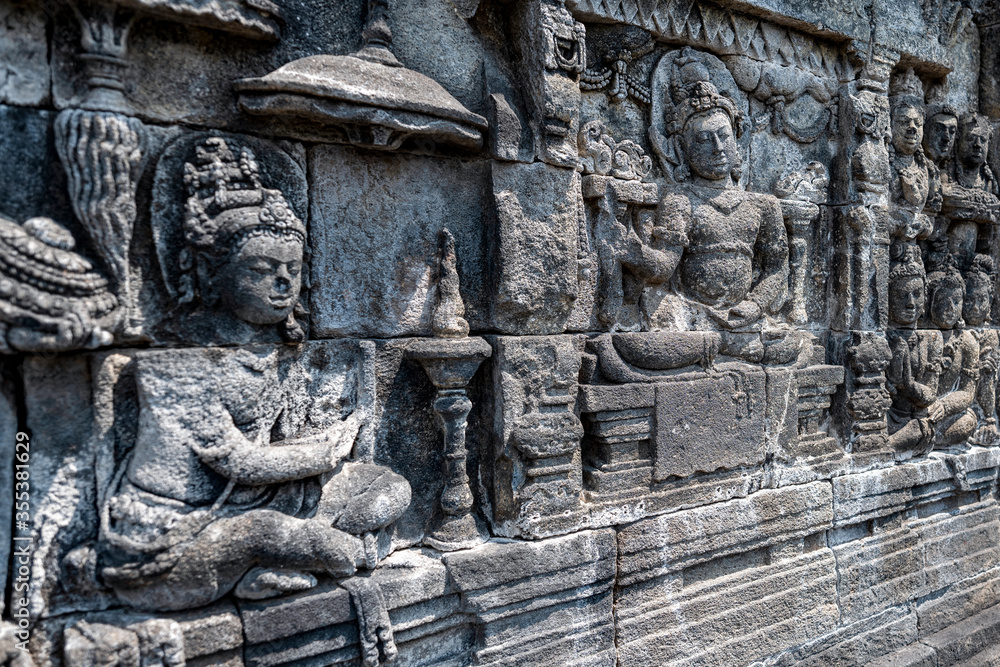 The stories from Mahayana Buddhist Sutras carved on the relief panels of Borobudur Temple (750AD)