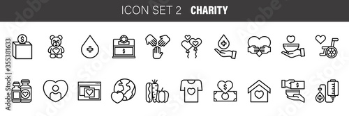 Charity - modern vector line design icons and pictograms set. Awareness ribbon, donation, help children, safe planet, happy family, blood donation