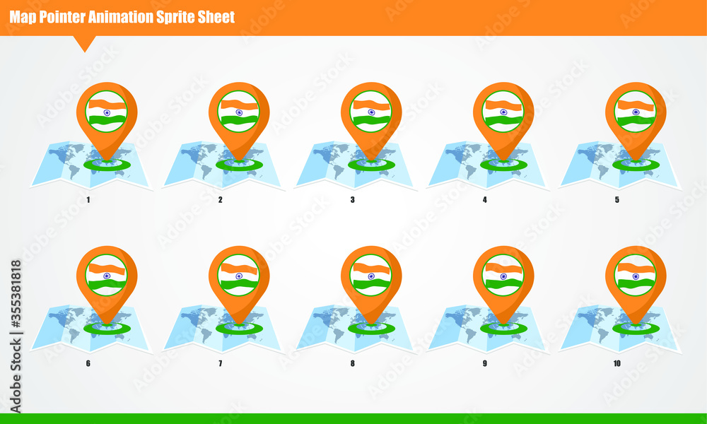 India Map marker with animated flag Sprite Sheet. Smooth waving animation sprites on white background. India Map marker with animated flag Sprite Sheet. Smooth waving animation sprites on white background.