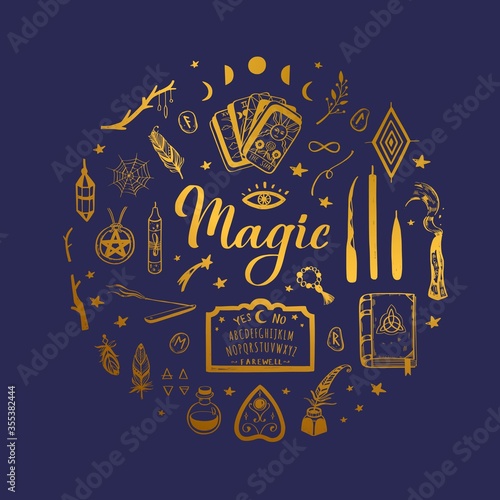 Witchcraft, magic background for witches and wizards. Wicca and pagan tradition. Vector vintage collection. Hand drawn elements: candles, book of shadows, potion, tarot cards etc.