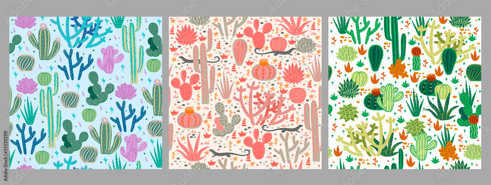 Set of seamless patterns with cacti. Vector graphics. Set of seamless patterns with cacti. Vector graphics.