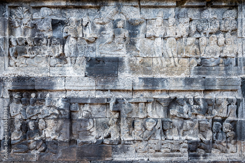The stories from Mahayana Buddhist Sutras carved on the relief panels of Borobudur Temple  750AD 