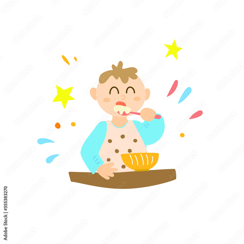 A baby eats with a spoon on his own. Little victory. A child learns important skills A baby eats with a spoon on his own. Little victory. A child learns important skills