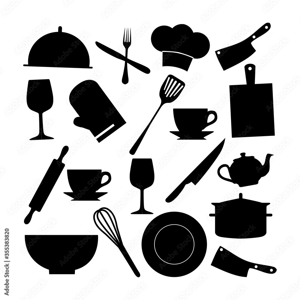 Vector set of household appliances such as plates, pans, teapots, knives, spoons, forks, and others. Vector set of household appliances such as plates, pans, teapots, knives, spoons, forks, and others.