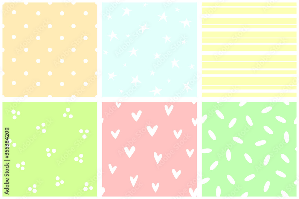 Collection of simple patterns. Polka dots, stars, hearts, stripes, spots, rice. Muted delicate colors