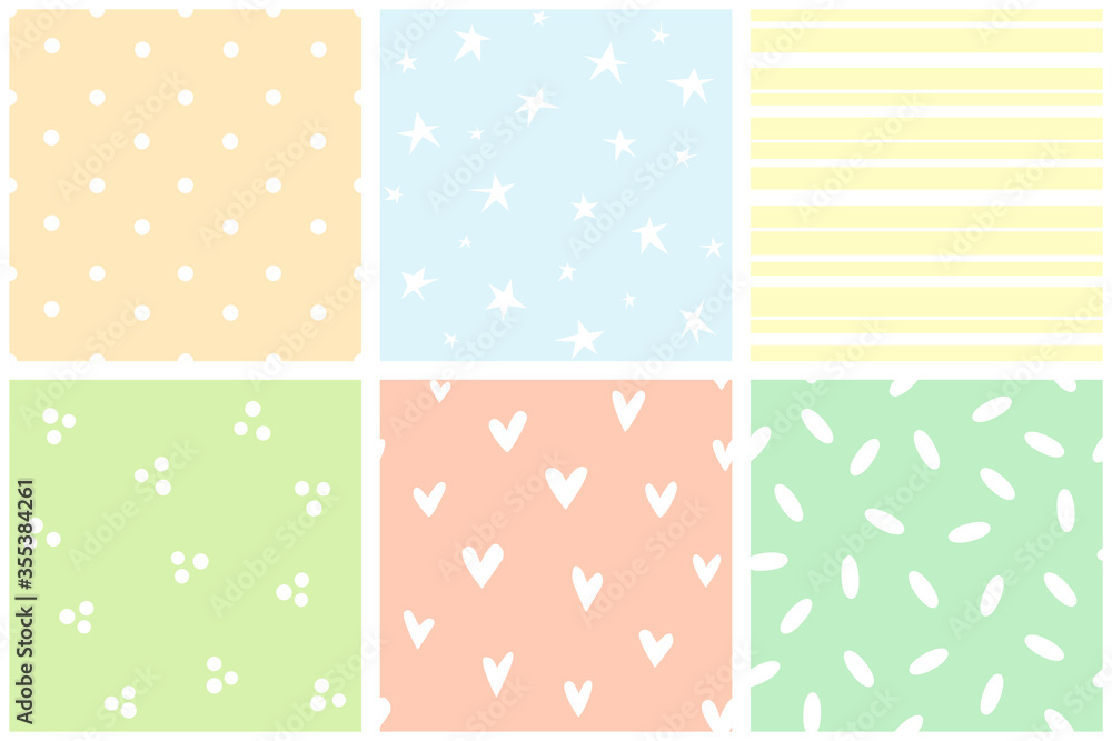Collection of simple patterns. Polka dots, stars, hearts, stripes, spots, rice. Muted delicate colors