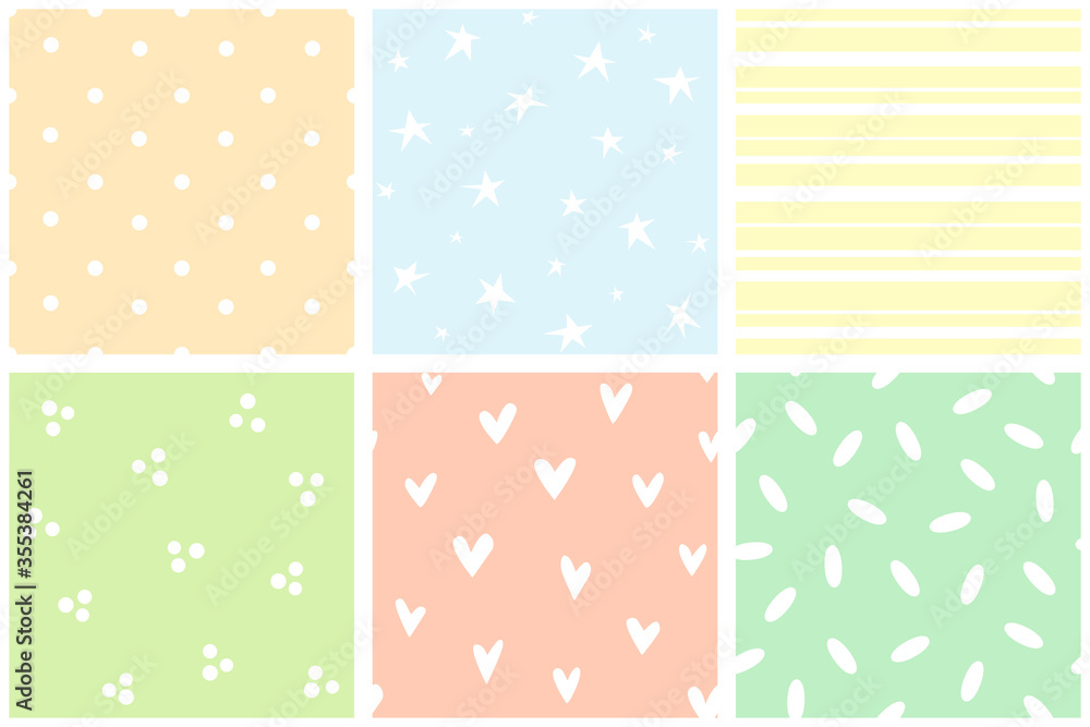 Collection of simple patterns. Polka dots, stars, hearts, stripes, spots, rice. Muted delicate colors Collection of simple patterns. Polka dots, stars, hearts, stripes, spots, rice. Muted delicate colors