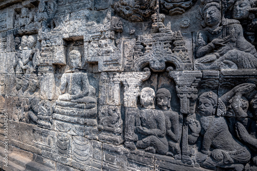 The stories from Mahayana Buddhist Sutras carved on the relief panels of Borobudur Temple (750AD) © Lindra Hismanto