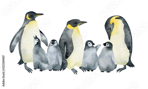 Watercolor Emperor penguin family. Wild northern Antarctic animals. Cute grey bird.