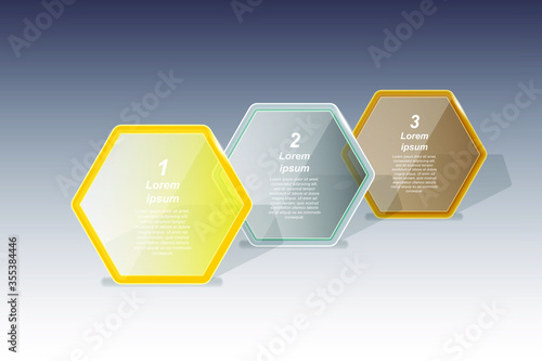 Set of golden, silver and bronze hexagonal transparent banners for text. Vector illustration EPS10 for infographic template, presentations, brochures, flyer, banner, website