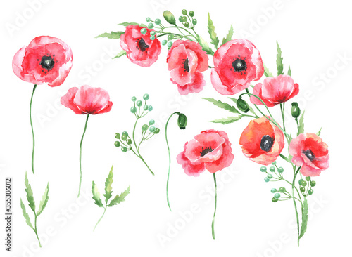 Watercolor illustration of a bouquet with poppies.