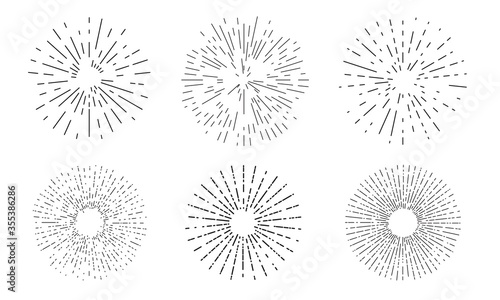Sunburst linear icon collection. Bursting rays, firework or starburst set