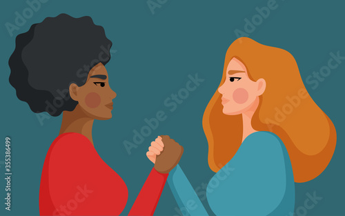 Young women of different nationalities and cultures. 
Concept of racism, discrimination, feminism, independence, equality. Vector illustration.