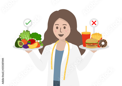 Female nutritionist doctor holding fresh fruits, vegetables and fast food. Food choice, healthy and unhealthy food. Diet decision, healthy lifestyle and weight loss concept. Flat vector illustration.