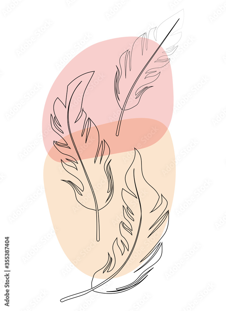 Feathers of birds. Drawing lines on the background of watercolor blots. Line art, sketch, ink, freehand drawing, graphics. Vector illustration isolated on a white background. Feathers of birds. Drawing lines on the background of watercolor blots. Line art, sketch, ink, freehand drawing, graphics. Vector illustration isolated on a white background.