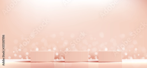 Cosmetic background for product, branding and packaging presentation. geometry form square molding on podium stage with shadow of rose glitter particles background. vector design.