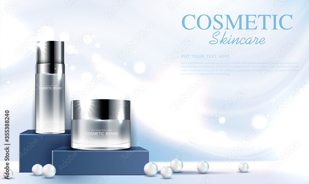 Hydrating facial pearl cream for annual sale or festival sale. blue cream mask bottle isolated on glitter particles background for product presentation. Graceful cosmetic ads, Vector illustration Hydrating facial pearl cream for annual sale or festival sale. blue cream mask bottle isolated on glitter particles background for product presentation. Graceful cosmetic ads, Vector illustration