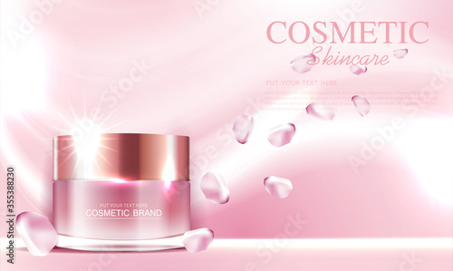 Hydrating facial rose cream for annual sale or festival sale. red silver cream mask bottle isolated on glitter particles background for product presentation. Graceful cosmetic ads, Vector illustration