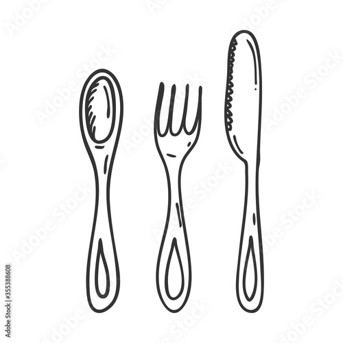 Set of Cutlery in Doodle style. A spoon  fork  and knife are hand-drawn and isolated on a white background. Black and white vector illustration.