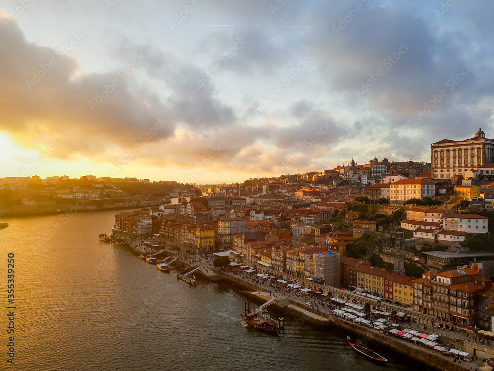 Overview of the city of Porto, Portugal at sunset