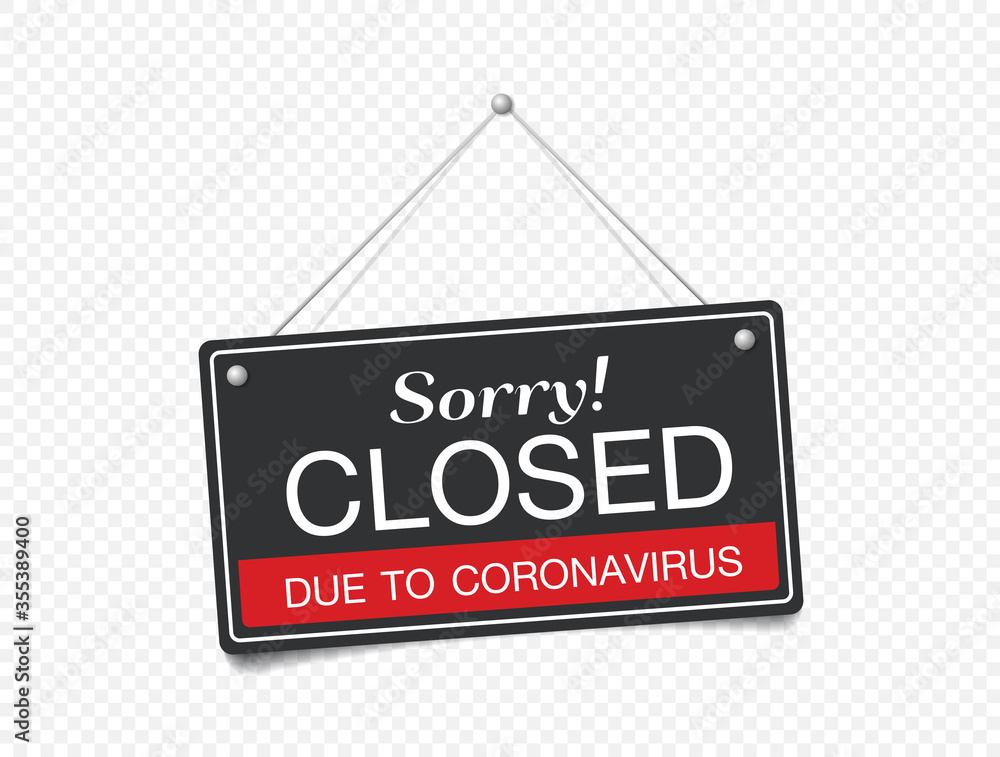 Hanging sign about coronavirus and close-up on a red closed sign of a shop displaying the message Hanging sign about coronavirus and close-up on a red closed sign of a shop displaying the message
