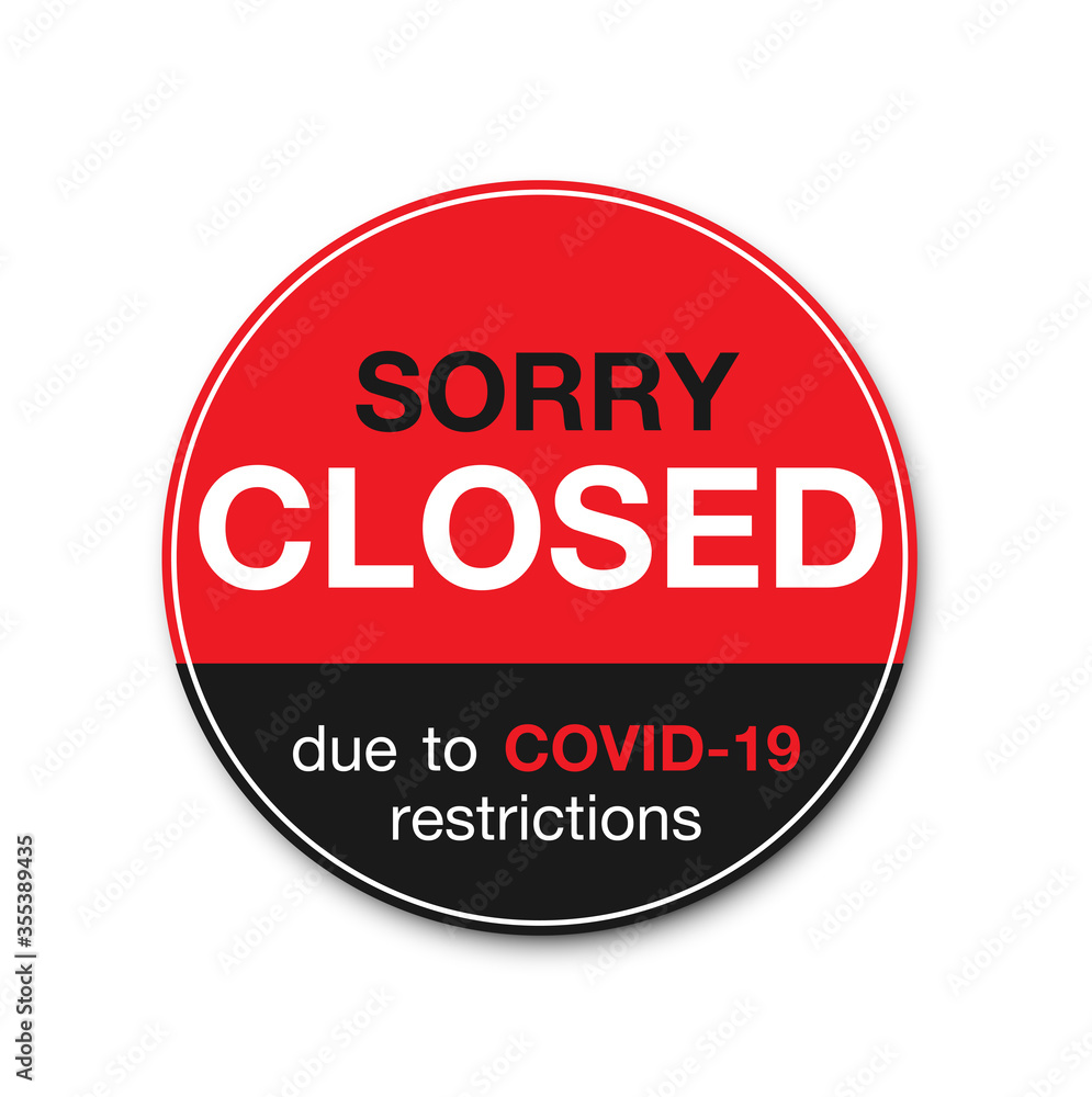 Hanging sign about coronavirus and close-up on a red closed sign of a shop displaying the message Hanging sign about coronavirus and close-up on a red closed sign of a shop displaying the message