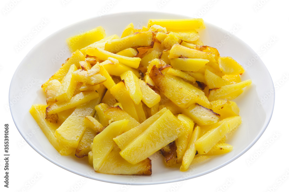 delicious fried potatoes on plate on white background delicious fried potatoes on plate on white background