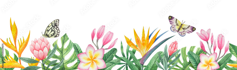 Seamless border from tropical flowers and leaves. Watercolor floral pattern, seamless rim, frame for cards. Fast isolation. Perfectly for wedding, party invitation, commercial design or fabric.